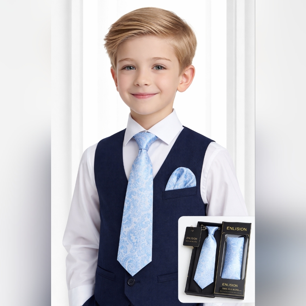 Boys Light Blue Paisley Pre-Tied Necktie Pocket Square Set Adjustable Ages 8-12